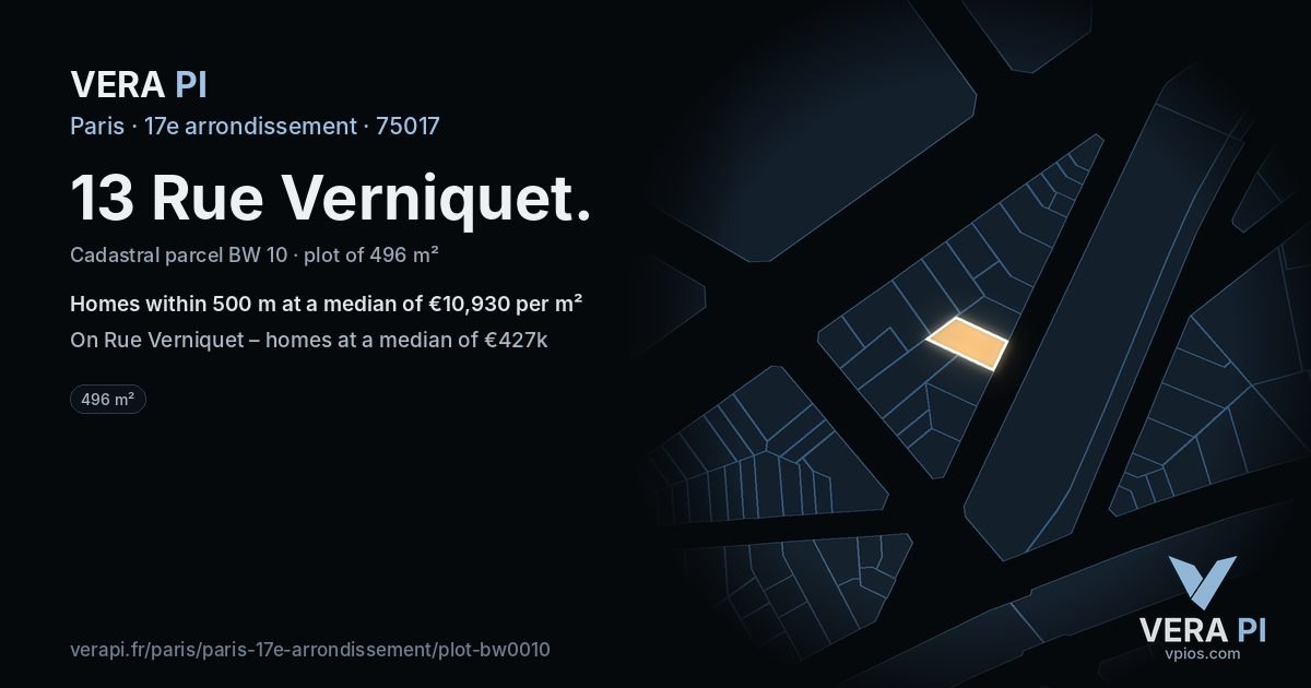13 Rue Verniquet, 17e arrondissement at night – the plot lit, the parcels around coloured by the prices near them