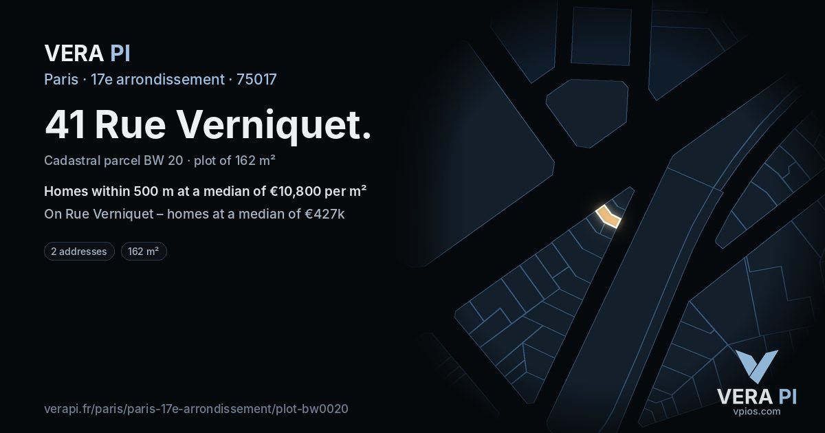 41 Rue Verniquet, 17e arrondissement at night – the plot lit, the parcels around coloured by the prices near them
