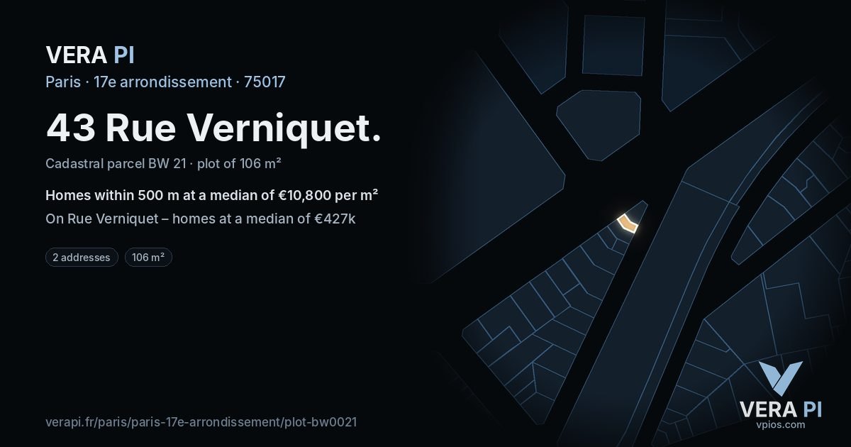 43 Rue Verniquet, 17e arrondissement at night – the plot lit, the parcels around coloured by the prices near them