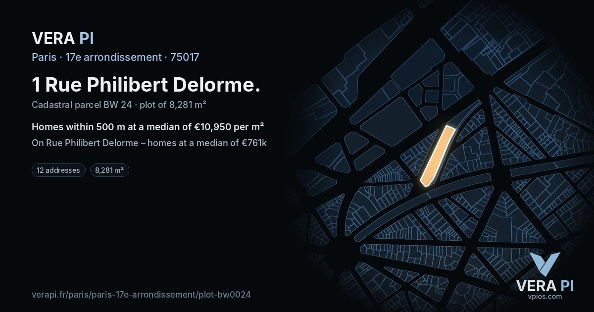 1 Rue Philibert Delorme, 17e arrondissement at night – the plot lit, the parcels around coloured by the prices near them