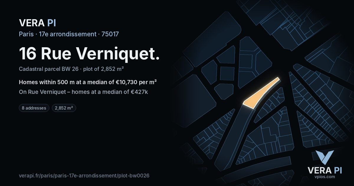 16 Rue Verniquet, 17e arrondissement at night – the plot lit, the parcels around coloured by the prices near them