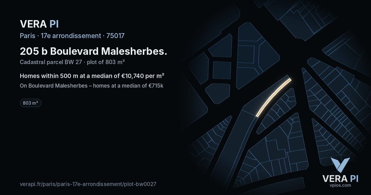 205 b Boulevard Malesherbes, 17e arrondissement at night – the plot lit, the parcels around coloured by the prices near them