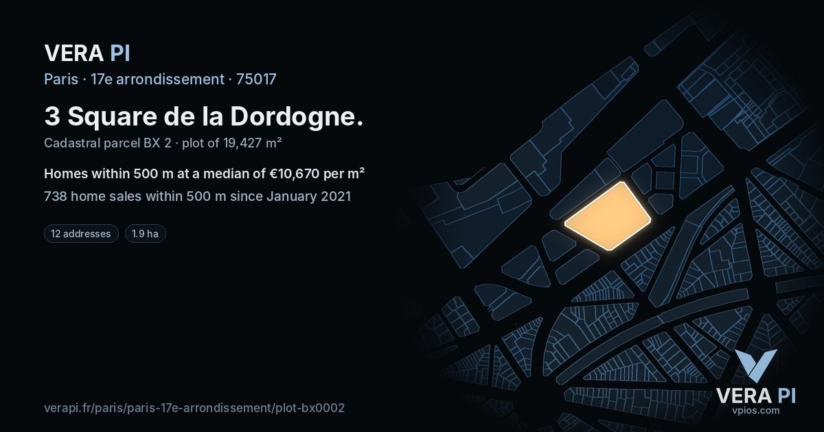 3 Square de la Dordogne, 17e arrondissement at night – the plot lit, the parcels around coloured by the prices near them