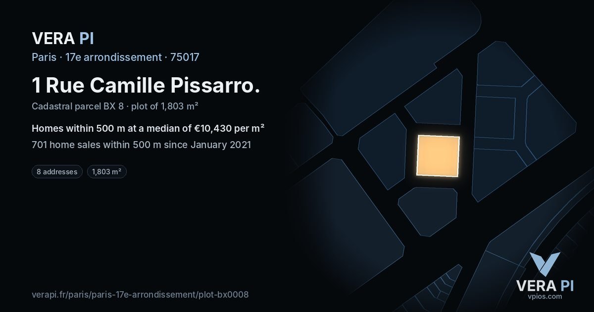 1 Rue Camille Pissarro, 17e arrondissement at night – the plot lit, the parcels around coloured by the prices near them