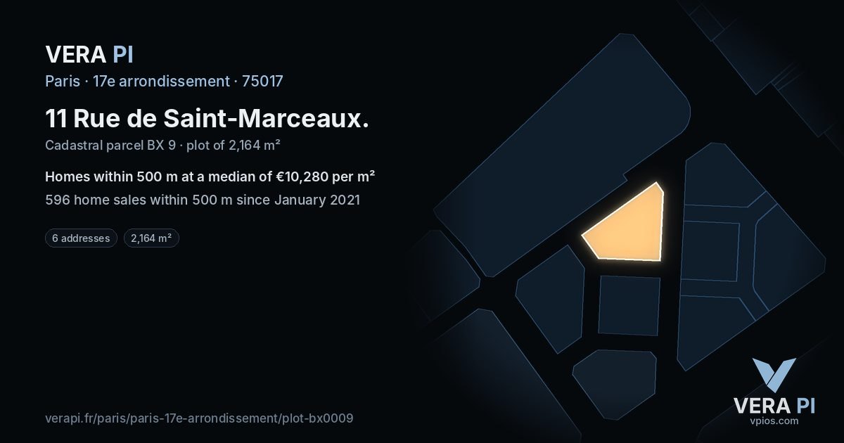 11 Rue de Saint-Marceaux, 17e arrondissement at night – the plot lit, the parcels around coloured by the prices near them