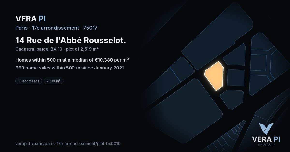 14 Rue de l'Abbé Rousselot, 17e arrondissement at night – the plot lit, the parcels around coloured by the prices near them