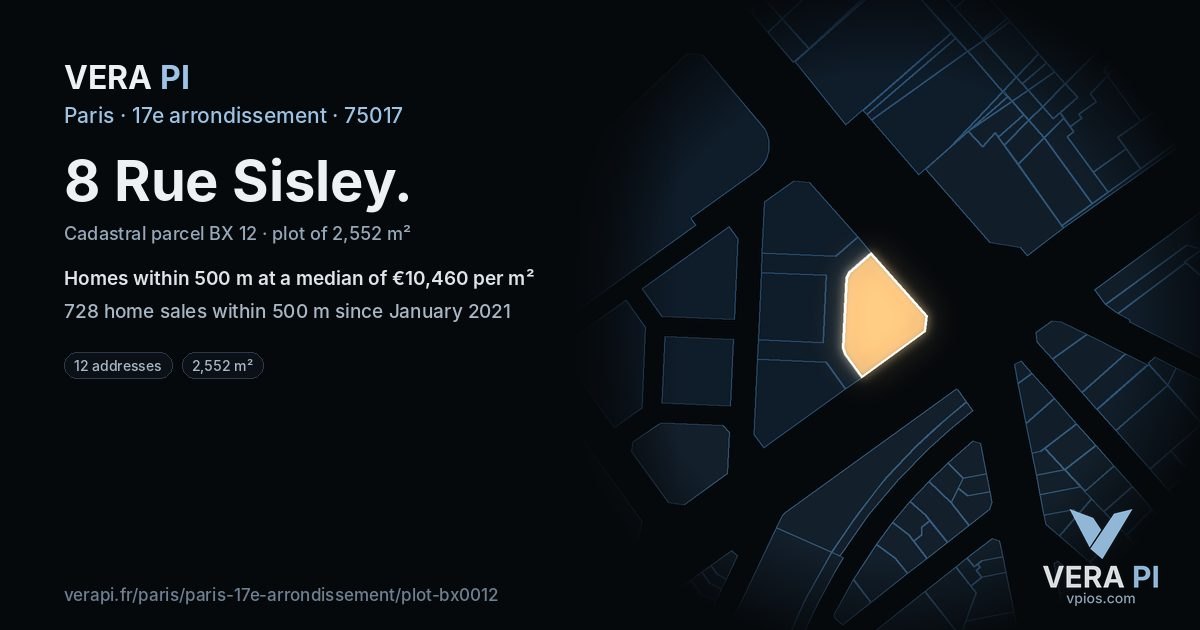 8 Rue Sisley, 17e arrondissement at night – the plot lit, the parcels around coloured by the prices near them
