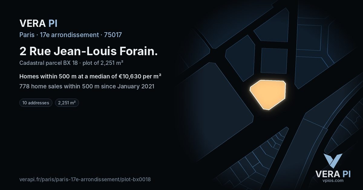 2 Rue Jean-Louis Forain, 17e arrondissement at night – the plot lit, the parcels around coloured by the prices near them