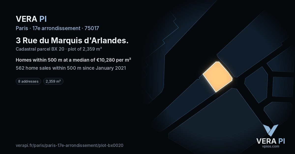 3 Rue du Marquis d'Arlandes, 17e arrondissement at night – the plot lit, the parcels around coloured by the prices near them