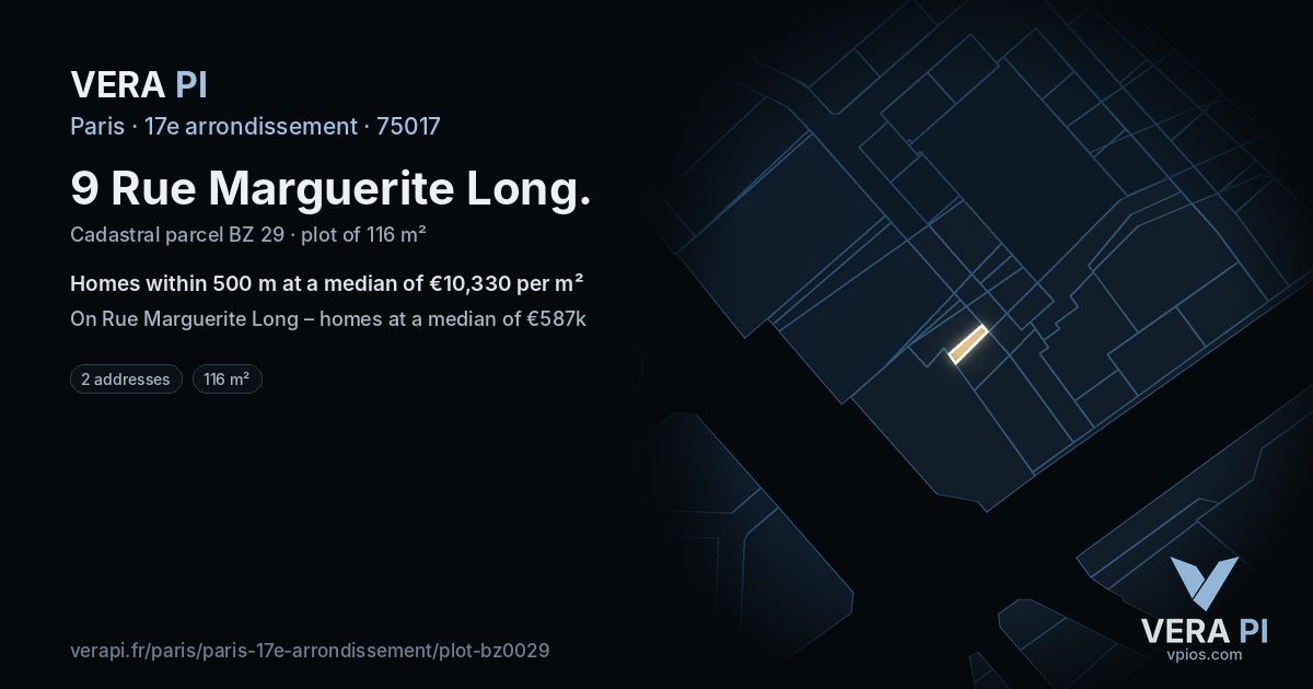 9 Rue Marguerite Long, 17e arrondissement at night – the plot lit, the parcels around coloured by the prices near them