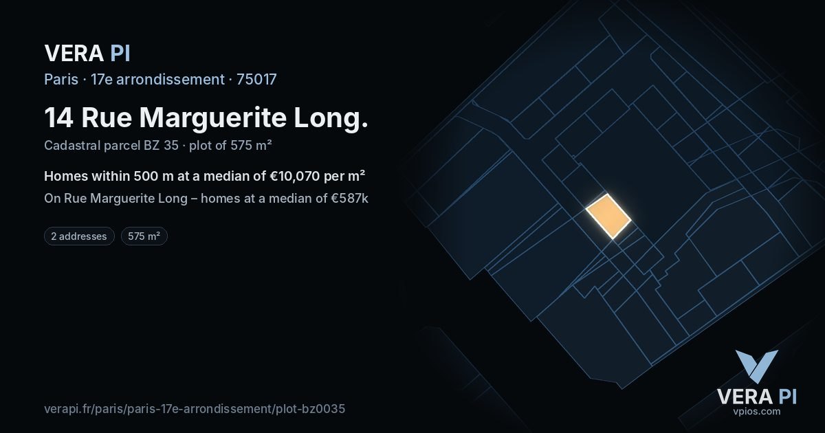 14 Rue Marguerite Long, 17e arrondissement at night – the plot lit, the parcels around coloured by the prices near them