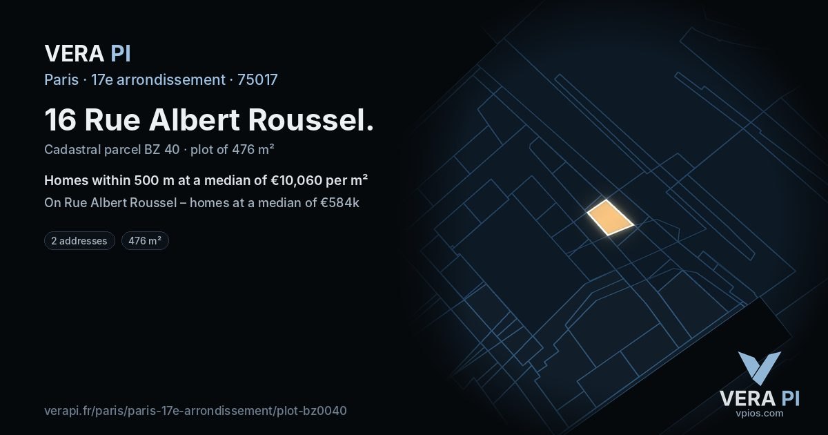 16 Rue Albert Roussel, 17e arrondissement at night – the plot lit, the parcels around coloured by the prices near them