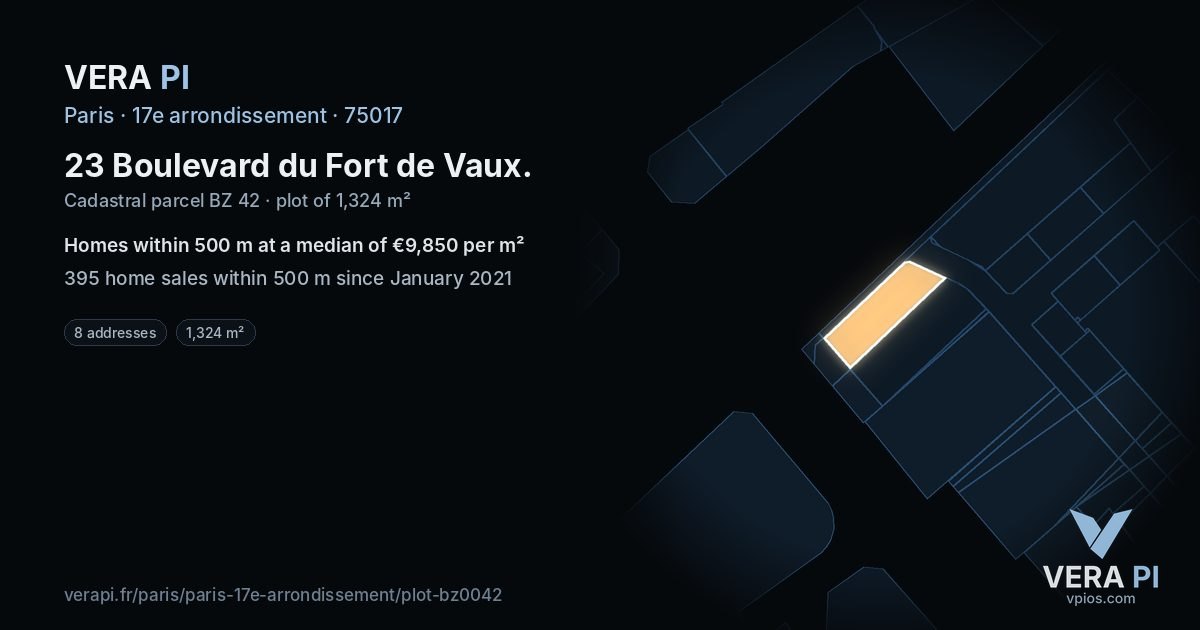 23 Boulevard du Fort de Vaux, 17e arrondissement at night – the plot lit, the parcels around coloured by the prices near them