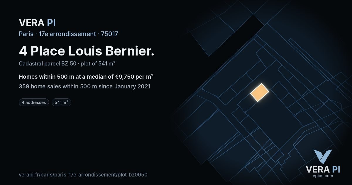 4 Place Louis Bernier, 17e arrondissement at night – the plot lit, the parcels around coloured by the prices near them