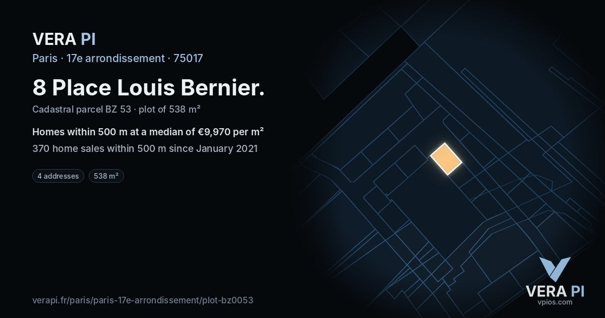 8 Place Louis Bernier, 17e arrondissement at night – the plot lit, the parcels around coloured by the prices near them