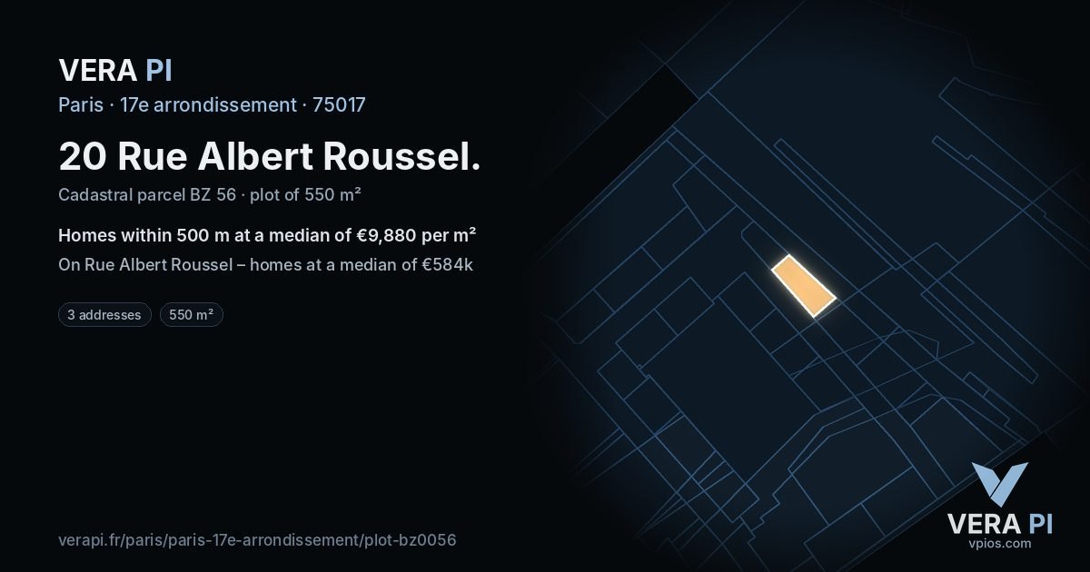 20 Rue Albert Roussel, 17e arrondissement at night – the plot lit, the parcels around coloured by the prices near them