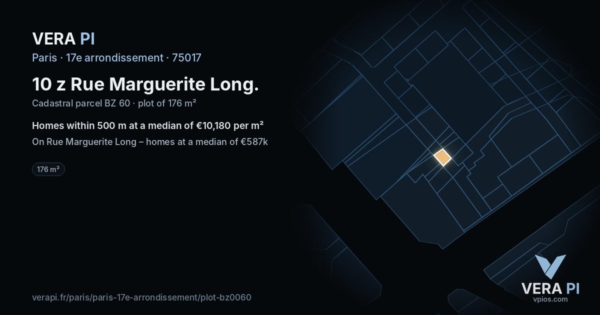 10 z Rue Marguerite Long, 17e arrondissement at night – the plot lit, the parcels around coloured by the prices near them