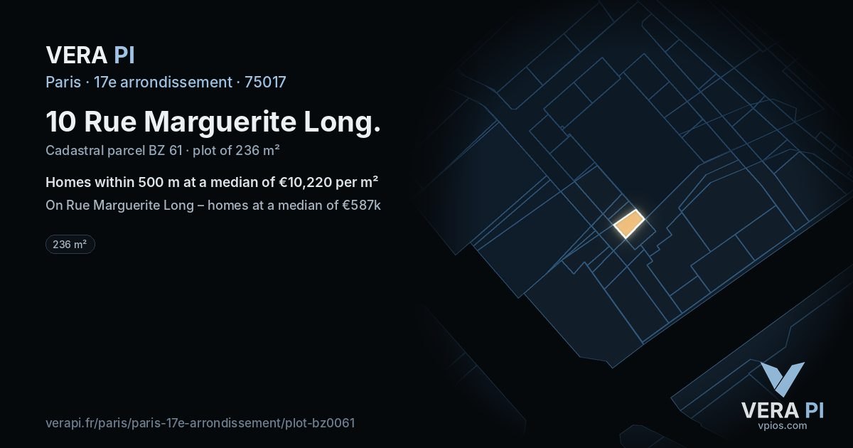 10 Rue Marguerite Long, 17e arrondissement at night – the plot lit, the parcels around coloured by the prices near them