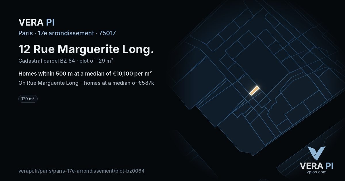 12 Rue Marguerite Long, 17e arrondissement at night – the plot lit, the parcels around coloured by the prices near them