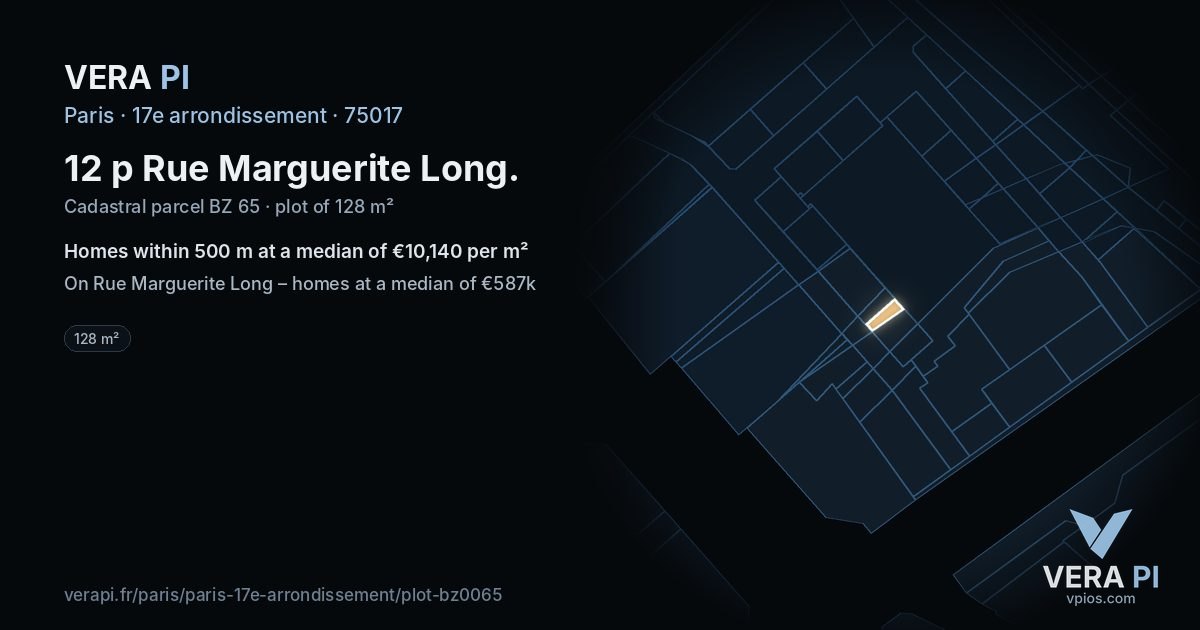 12 p Rue Marguerite Long, 17e arrondissement at night – the plot lit, the parcels around coloured by the prices near them