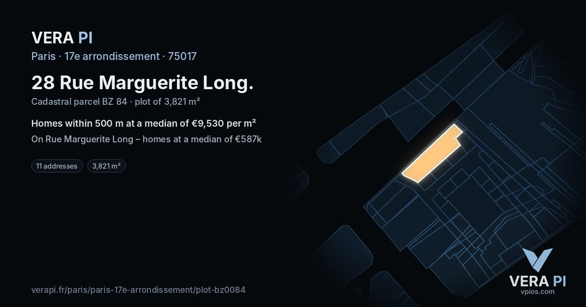 28 Rue Marguerite Long, 17e arrondissement at night – the plot lit, the parcels around coloured by the prices near them