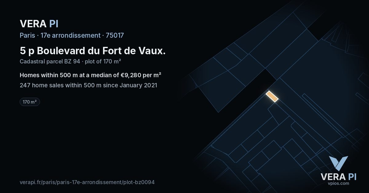 5 p Boulevard du Fort de Vaux, 17e arrondissement at night – the plot lit, the parcels around coloured by the prices near them