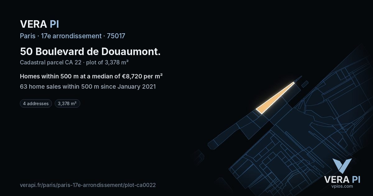 50 Boulevard de Douaumont, 17e arrondissement at night – the plot lit, the parcels around coloured by the prices near them