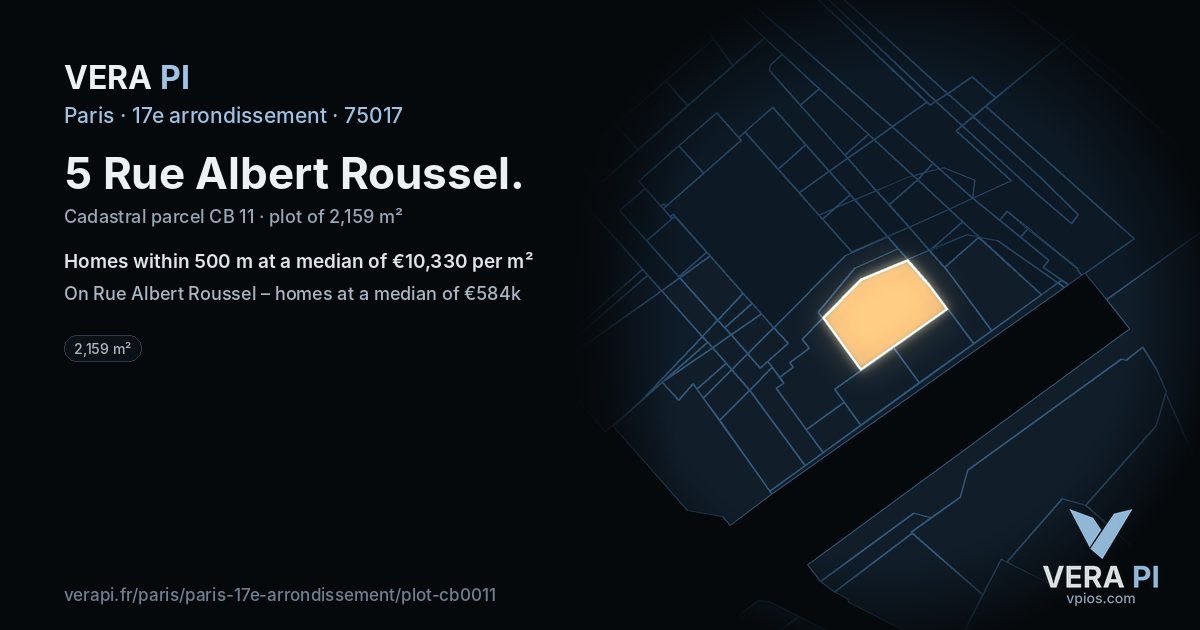 5 Rue Albert Roussel, 17e arrondissement at night – the plot lit, the parcels around coloured by the prices near them