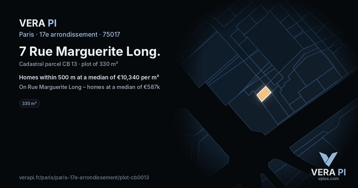 7 Rue Marguerite Long, 17e arrondissement at night – the plot lit, the parcels around coloured by the prices near them