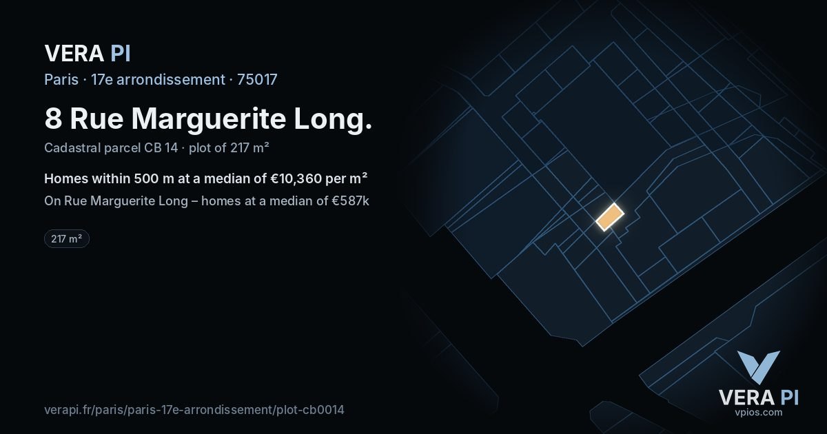 8 Rue Marguerite Long, 17e arrondissement at night – the plot lit, the parcels around coloured by the prices near them