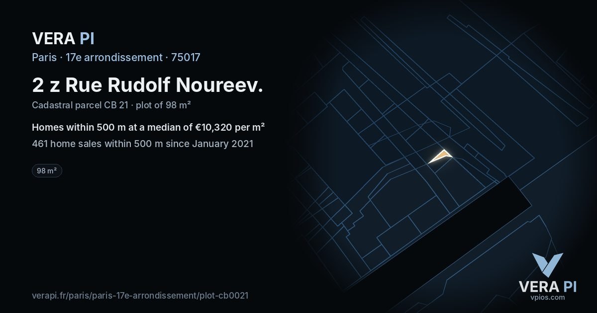 2 z Rue Rudolf Noureev, 17e arrondissement at night – the plot lit, the parcels around coloured by the prices near them