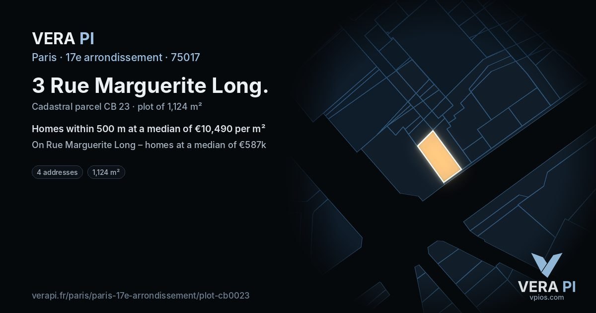 3 Rue Marguerite Long, 17e arrondissement at night – the plot lit, the parcels around coloured by the prices near them