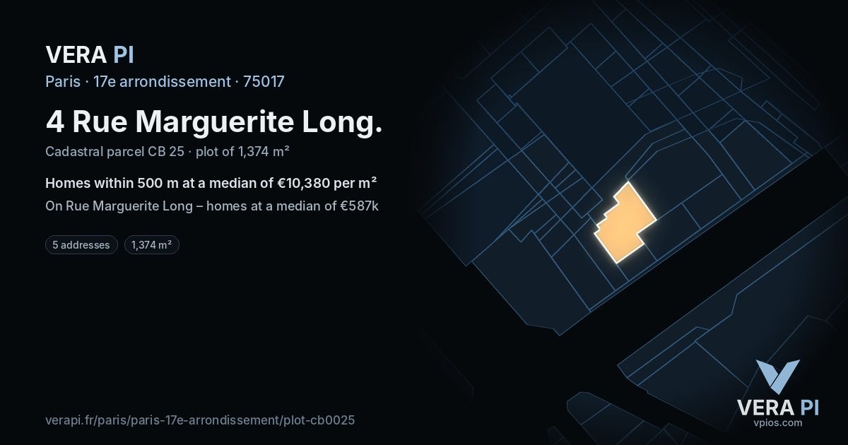 4 Rue Marguerite Long, 17e arrondissement at night – the plot lit, the parcels around coloured by the prices near them