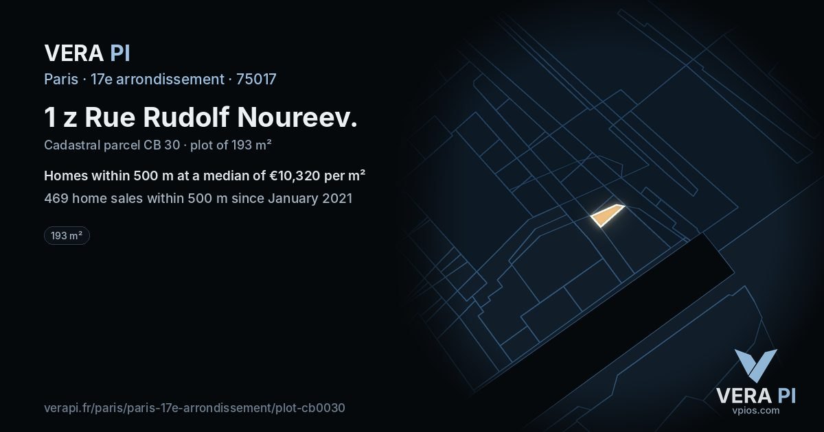 1 z Rue Rudolf Noureev, 17e arrondissement at night – the plot lit, the parcels around coloured by the prices near them