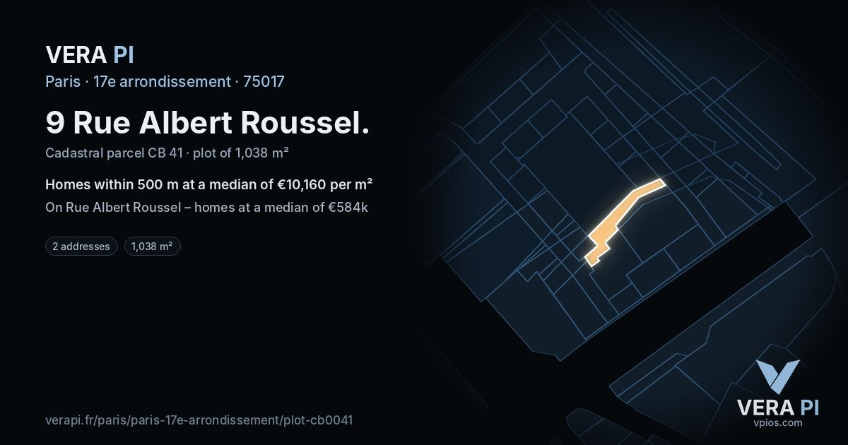 9 Rue Albert Roussel, 17e arrondissement at night – the plot lit, the parcels around coloured by the prices near them