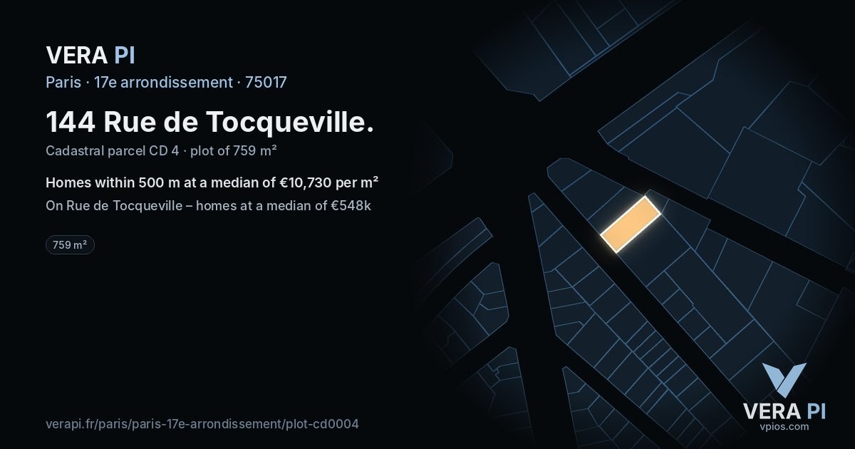 144 Rue de Tocqueville, 17e arrondissement at night – the plot lit, the parcels around coloured by the prices near them