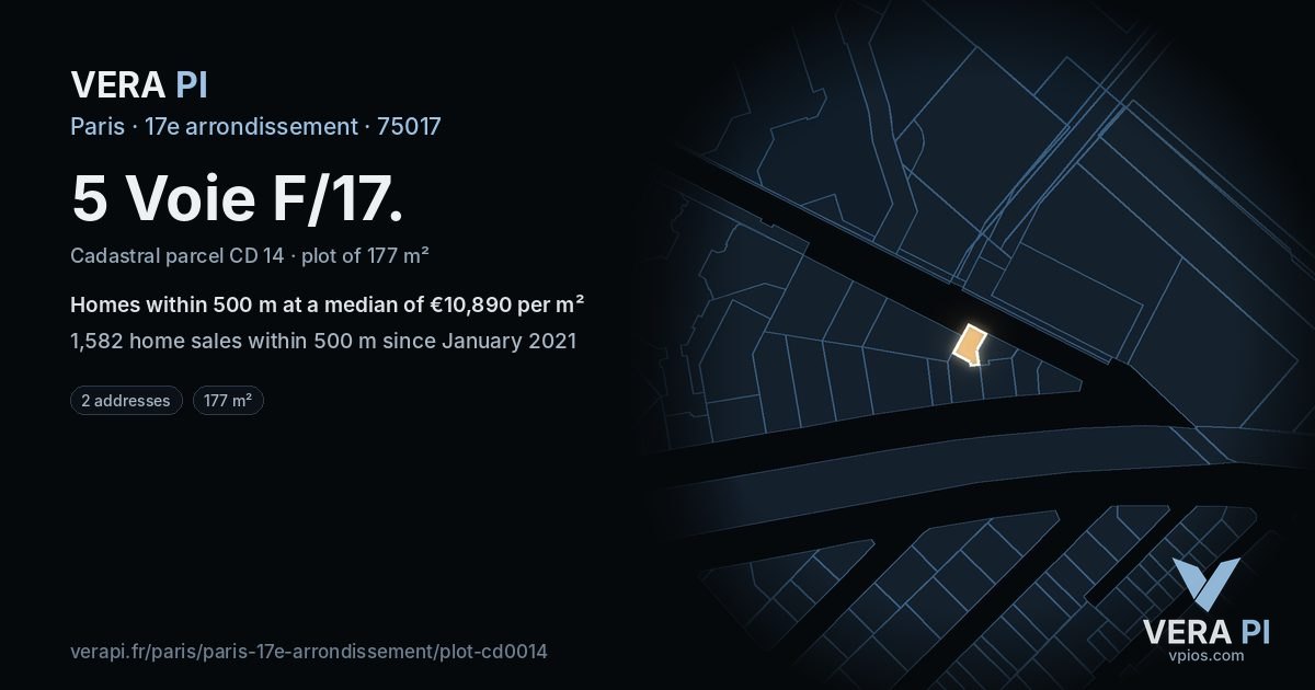5 Voie F/17, 17e arrondissement at night – the plot lit, the parcels around coloured by the prices near them
