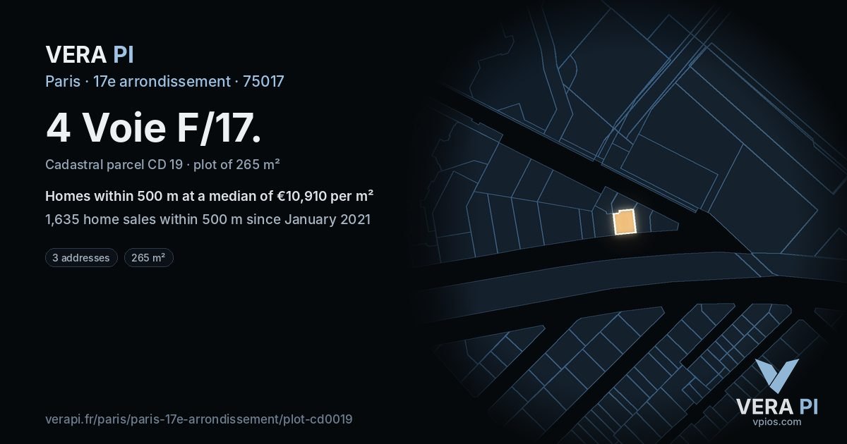 4 Voie F/17, 17e arrondissement at night – the plot lit, the parcels around coloured by the prices near them