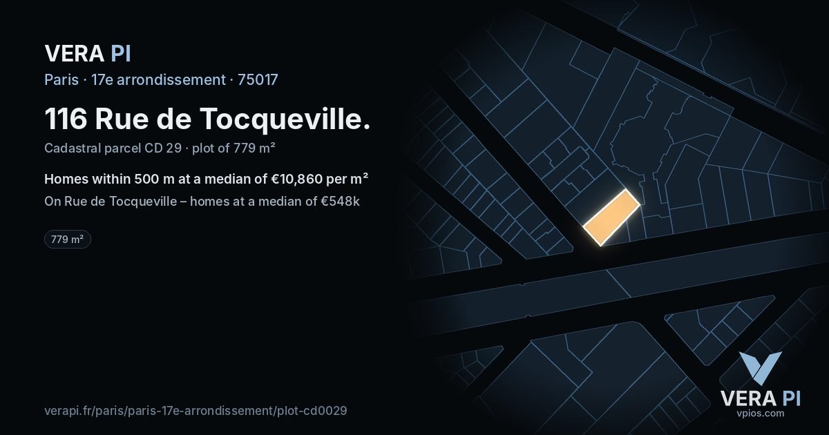 116 Rue de Tocqueville, 17e arrondissement at night – the plot lit, the parcels around coloured by the prices near them