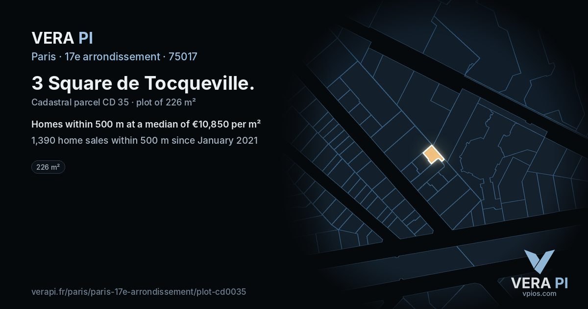 3 Square de Tocqueville, 17e arrondissement at night – the plot lit, the parcels around coloured by the prices near them