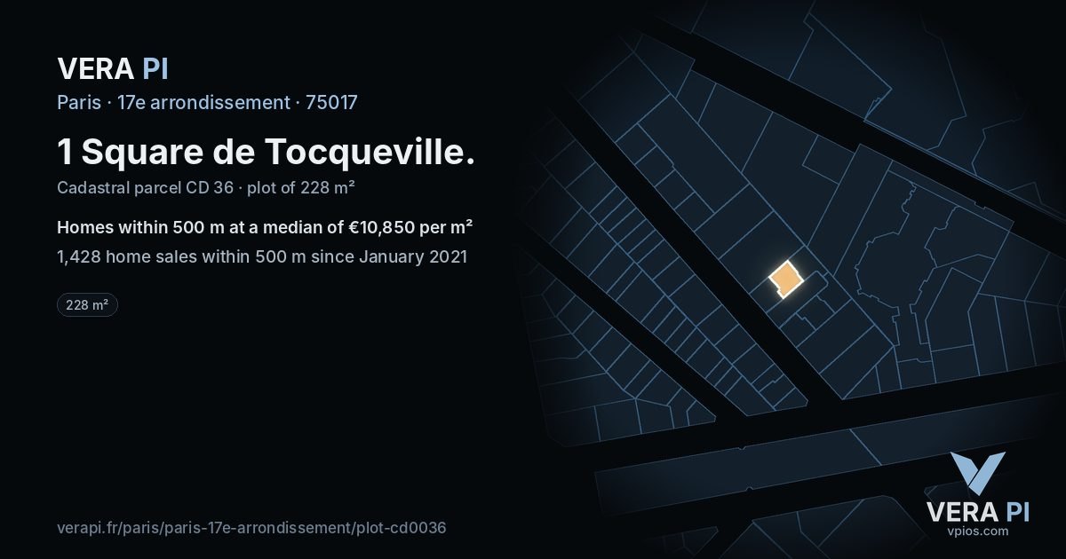 1 Square de Tocqueville, 17e arrondissement at night – the plot lit, the parcels around coloured by the prices near them