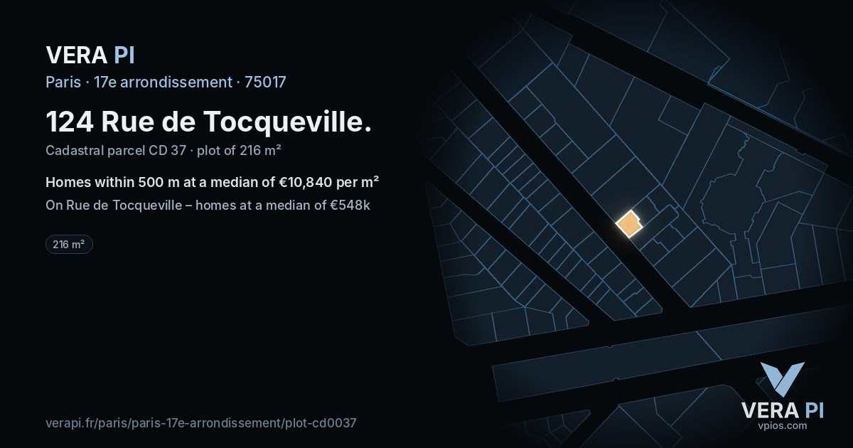 124 Rue de Tocqueville, 17e arrondissement at night – the plot lit, the parcels around coloured by the prices near them
