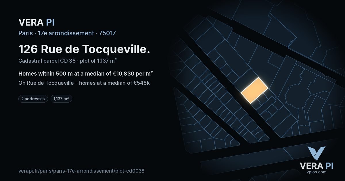 126 Rue de Tocqueville, 17e arrondissement at night – the plot lit, the parcels around coloured by the prices near them