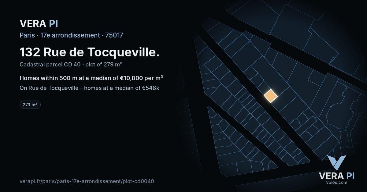 132 Rue de Tocqueville, 17e arrondissement at night – the plot lit, the parcels around coloured by the prices near them
