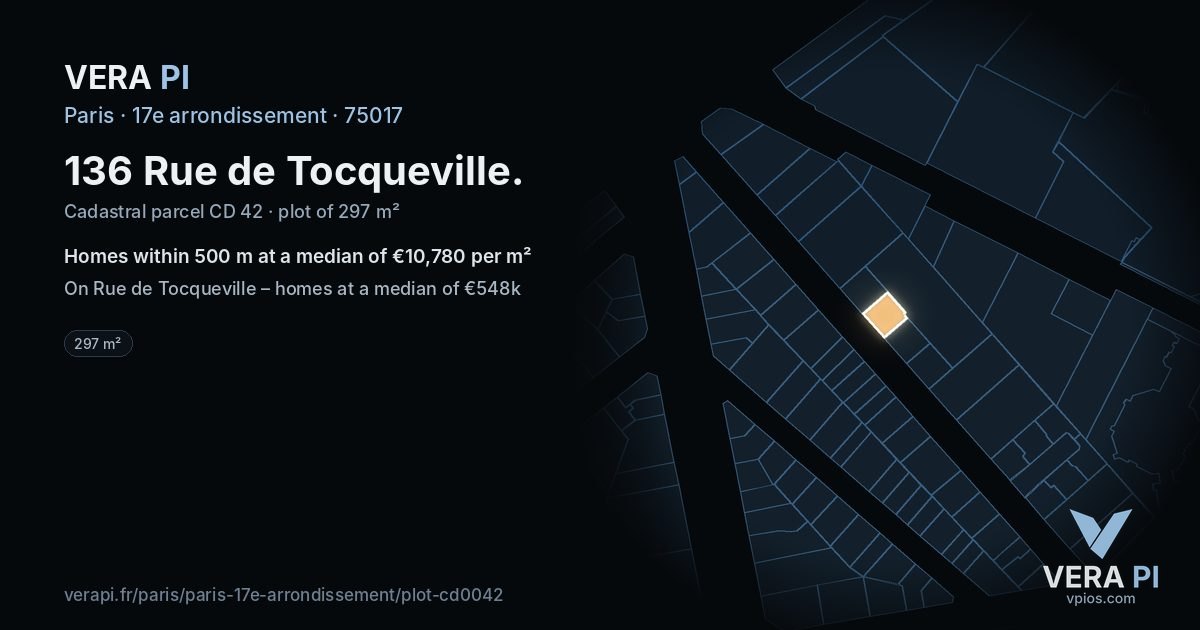136 Rue de Tocqueville, 17e arrondissement at night – the plot lit, the parcels around coloured by the prices near them
