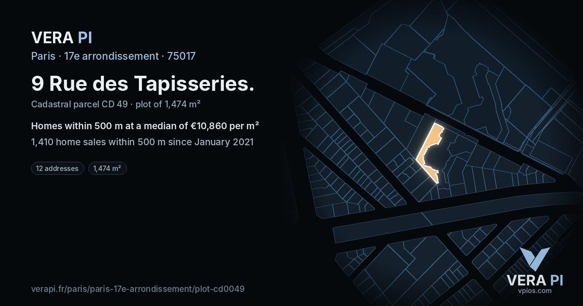 9 Rue des Tapisseries, 17e arrondissement at night – the plot lit, the parcels around coloured by the prices near them