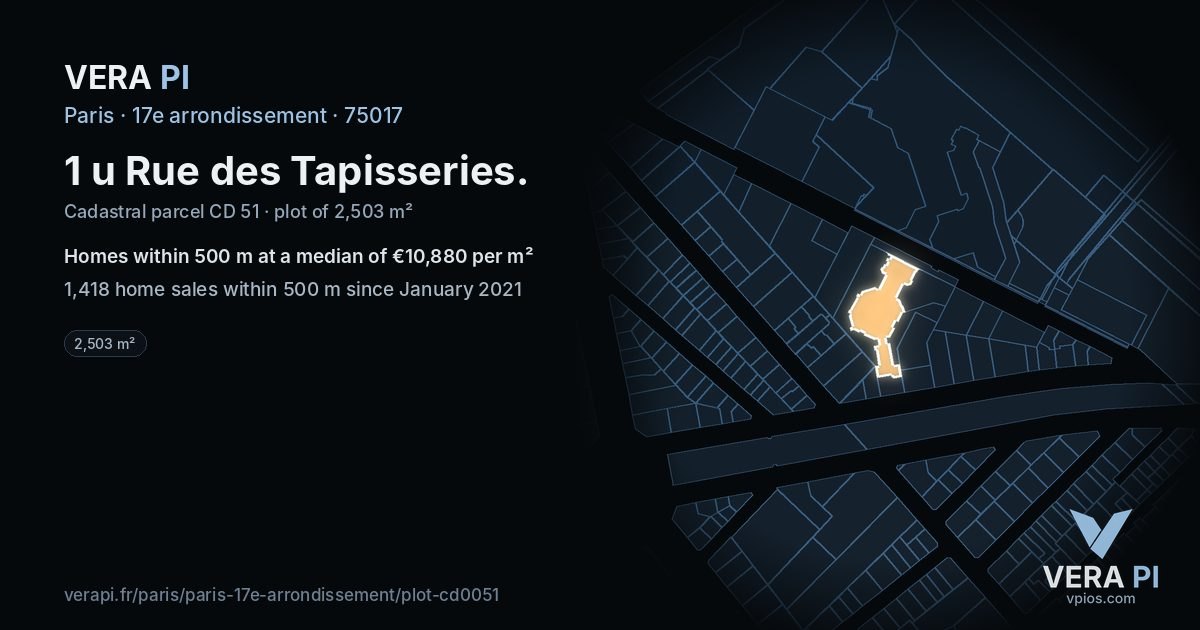 1 u Rue des Tapisseries, 17e arrondissement at night – the plot lit, the parcels around coloured by the prices near them