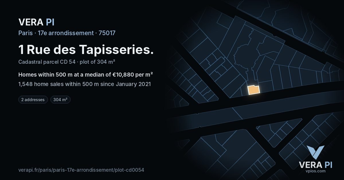 1 Rue des Tapisseries, 17e arrondissement at night – the plot lit, the parcels around coloured by the prices near them