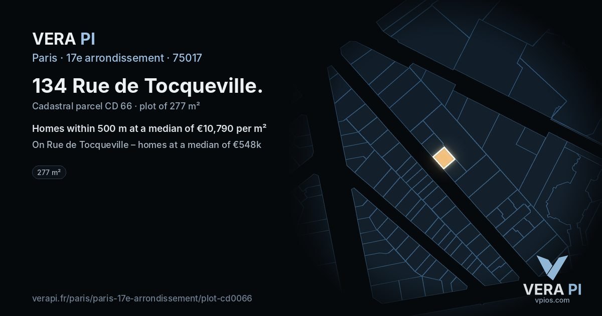 134 Rue de Tocqueville, 17e arrondissement at night – the plot lit, the parcels around coloured by the prices near them