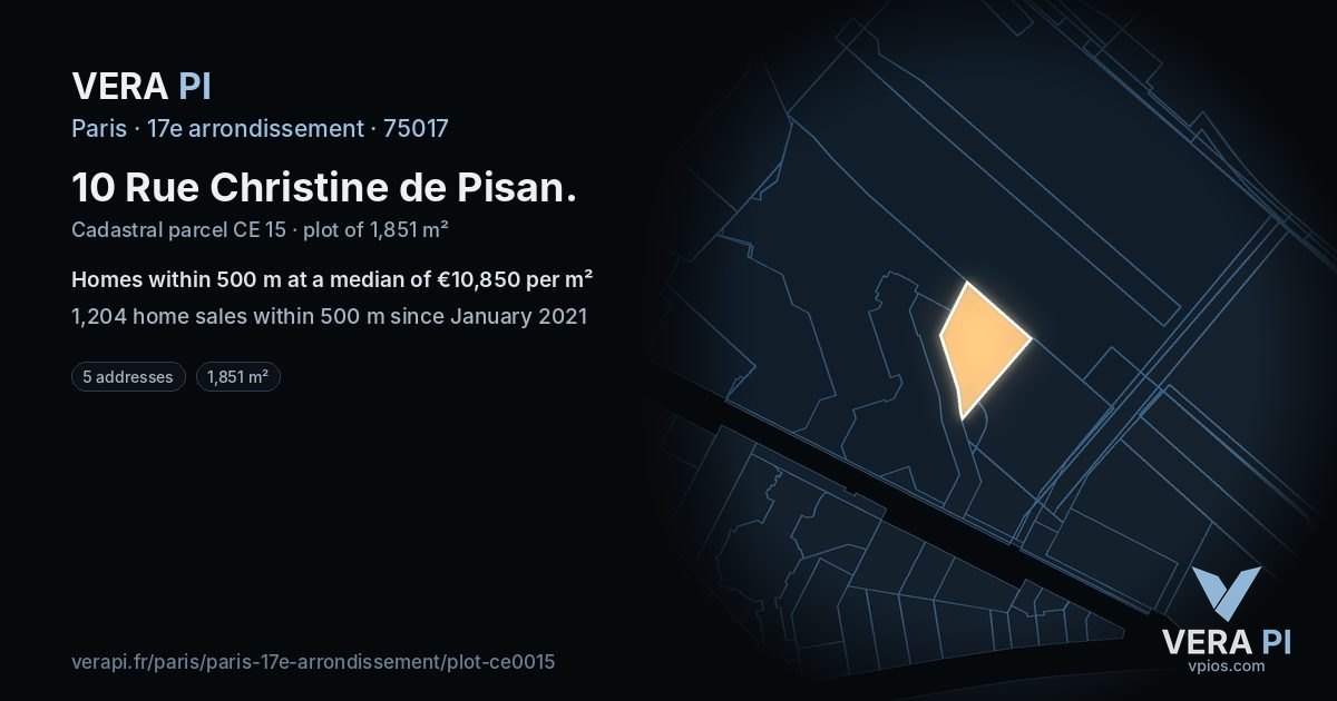 10 Rue Christine de Pisan, 17e arrondissement at night – the plot lit, the parcels around coloured by the prices near them